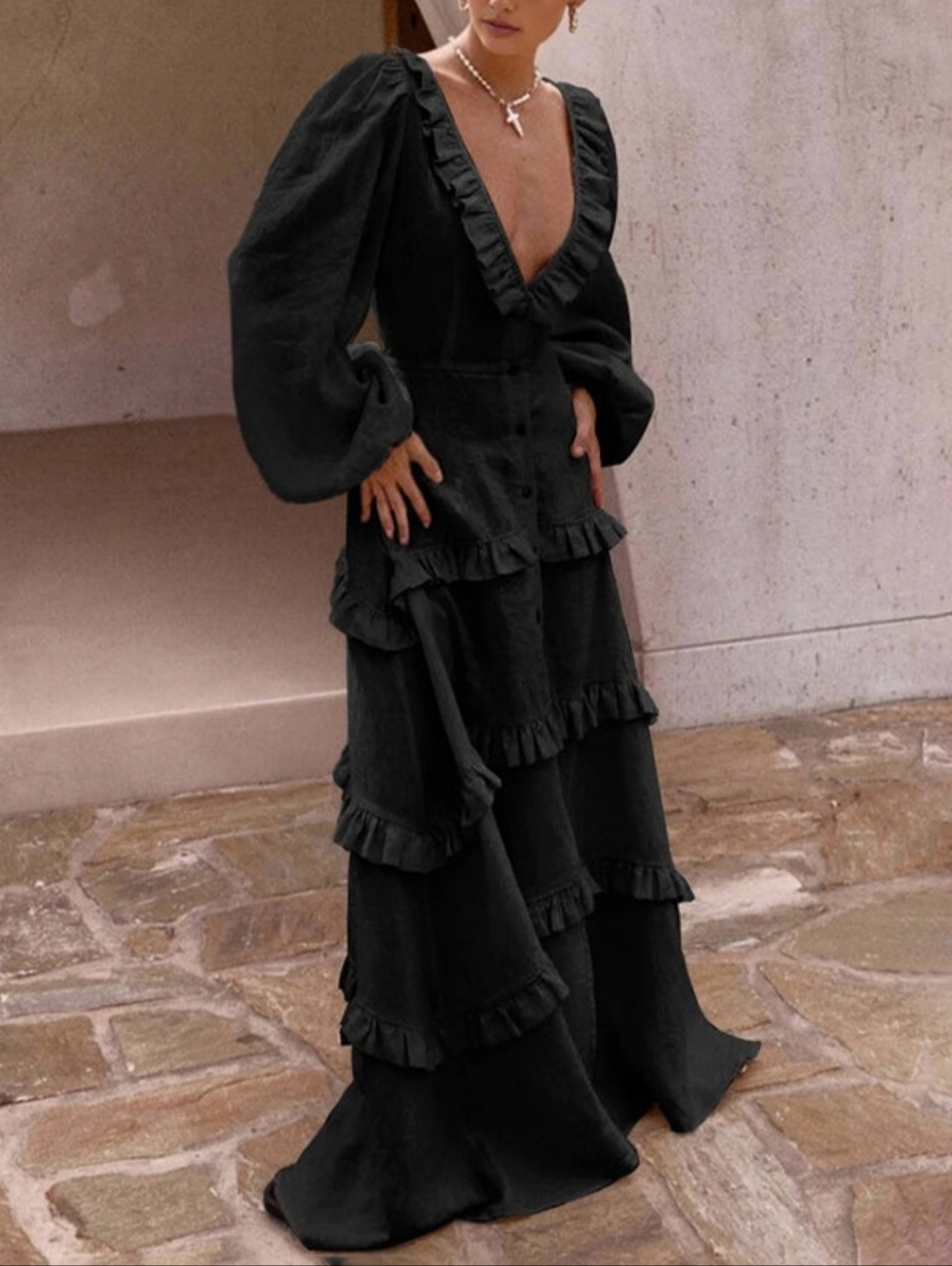 Commense Black Long Sleeve Ruffle-Tier Maxi Dress - Picture 8 of 8